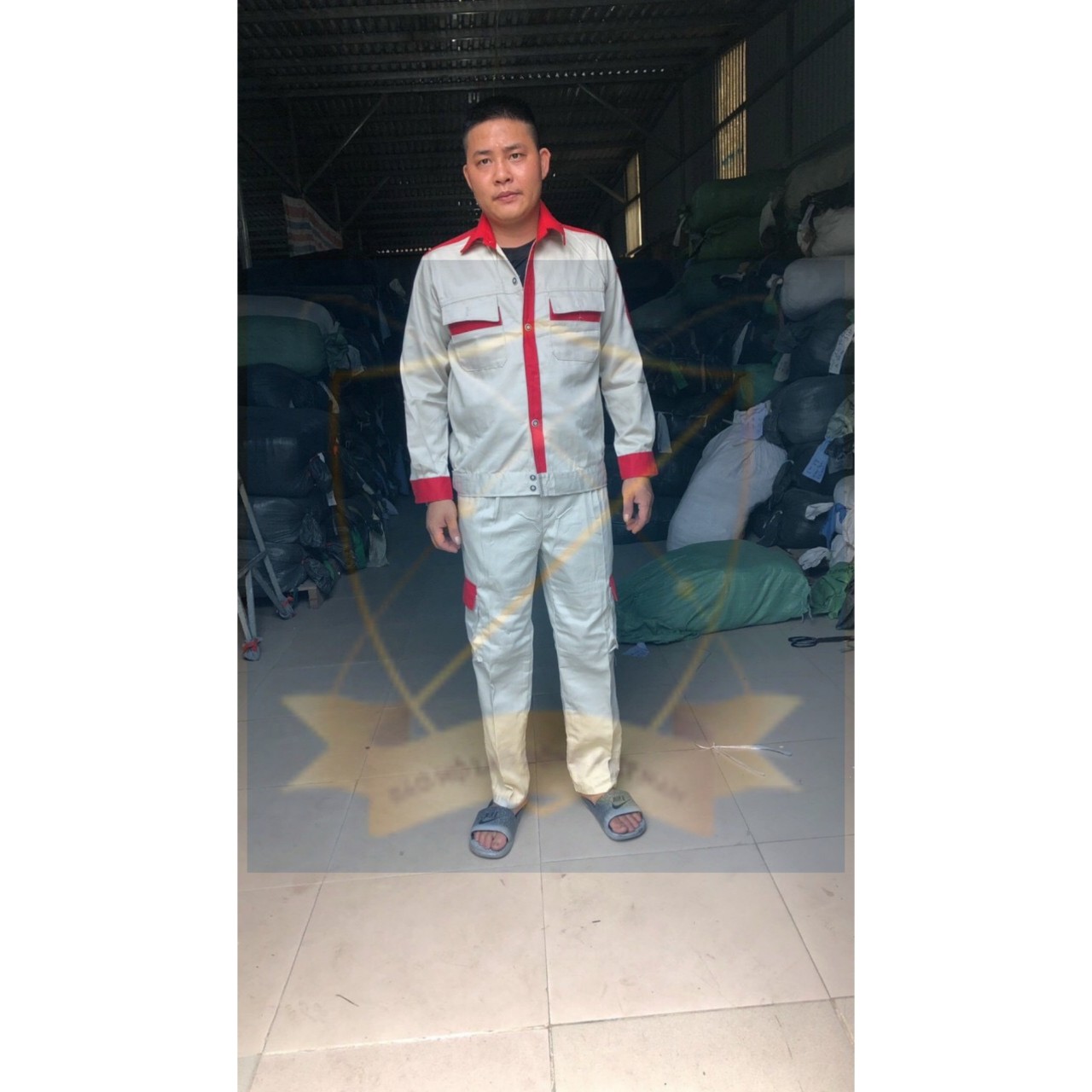 Quần áo bảo hộ kaki liên doanh phối màu ghi đỏ - a5