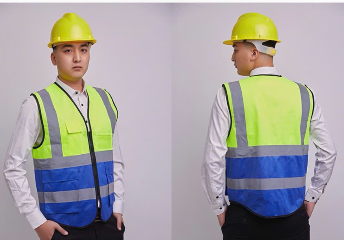 Áo lưới phản quang vàng phối xanh dương đẹp từ chất liệu đẹp đến giá cả mang độ an toàn cao khi sử dụng - agl