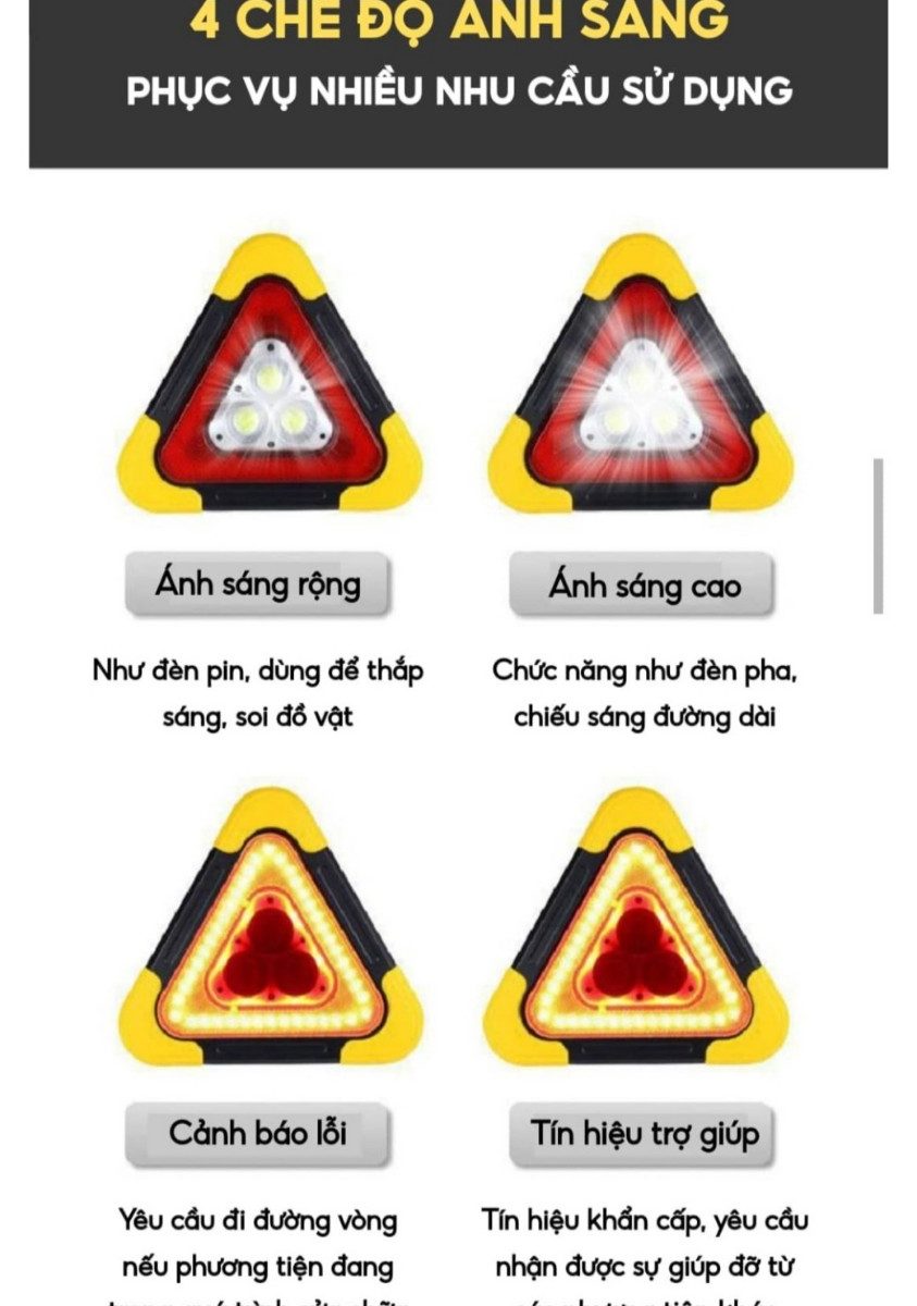 Đèn cảnh báo nguy hiểm hình tam giác hiện đại, kiêm sạc dự phòng an toàn hiện đại tích điện sạc 5v và sạc bằng năng lượng mặt trời đèn led với nhiều chế độ nháy