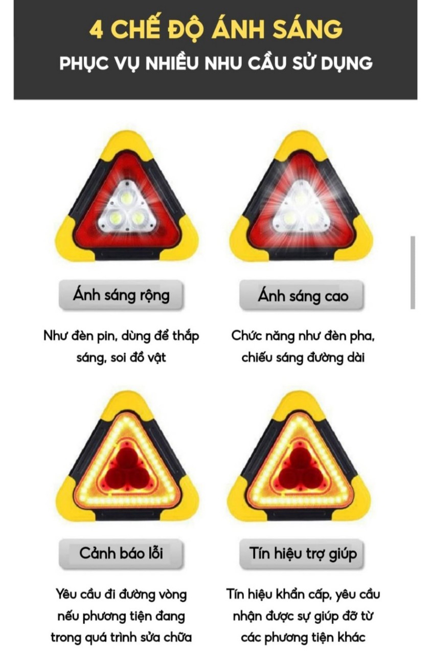Đèn cảnh báo nguy hiểm hình tam giác hiện đại, kiêm sạc dự phòng an toàn hiện đại tích điện sạc 5v và sạc bằng năng lượng mặt trời đèn led với nhiều chế độ nháy