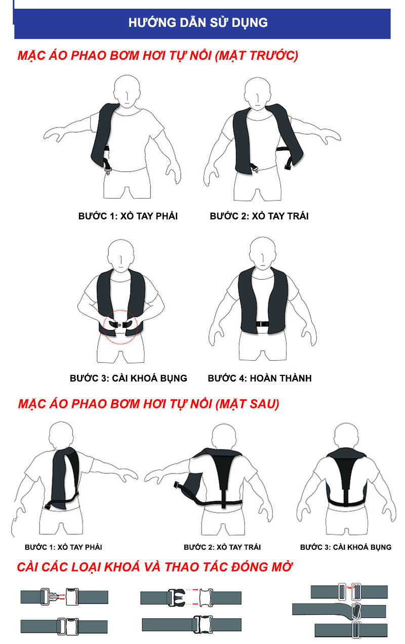Áo phao cứu hộ tự thổi, tự bung Vinguard tiêu chuẩn quốc tế - huong dan mac ao phao tu noi tu dong bom hoi