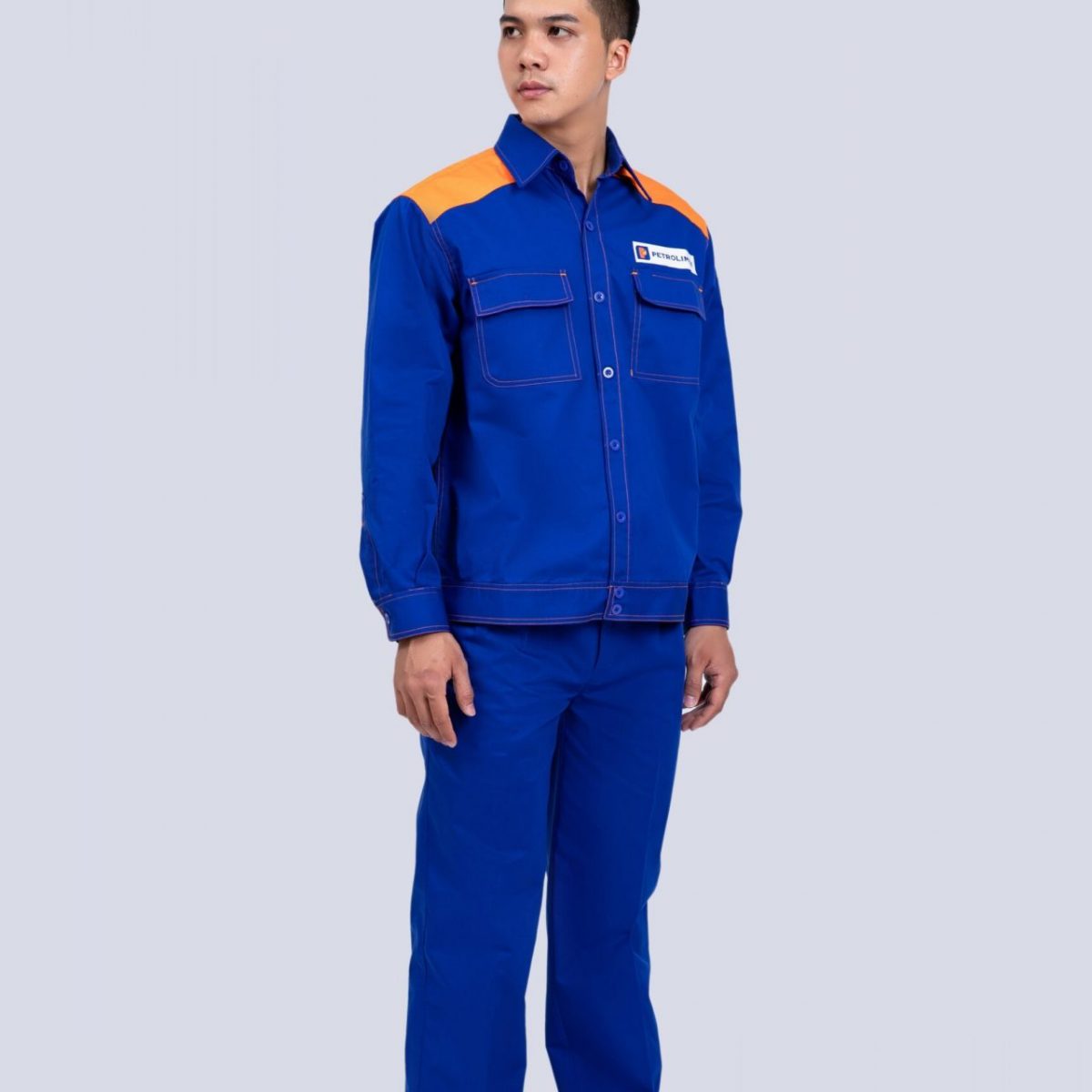 Quần áo bảo hộ pha màu xanh phối vai cam vải Pangzim Hàn Quốc - quan ao dep net