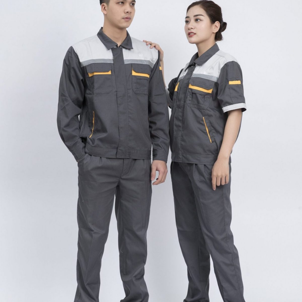 Quần áo bảo hộ pha màu xanh phối vai cam vải Pangzim Hàn Quốc - quan ao dep net